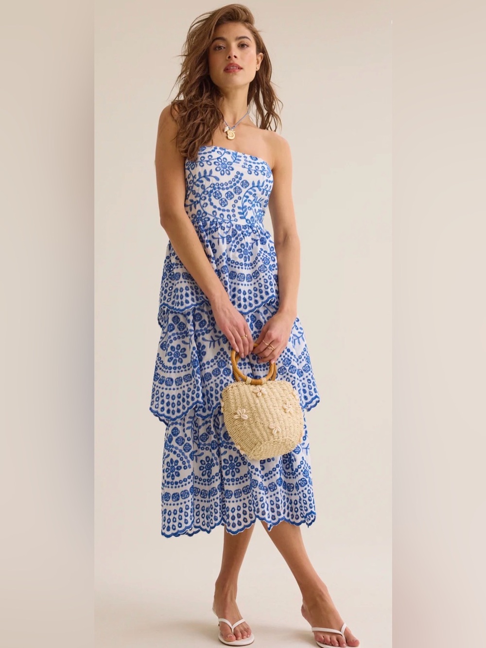 NWT Altar’d State Genessa Blue White Embroidered Midi Dress Small